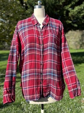LUCKY BRAND Flannel Long Sleeve Button-Down Shirt Red White Navy PLAID L Fancy